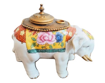 Antique French Elephant Faience Porcelain Inkwell Hand Painted Aladin Signed Writers Gift Decor Ornament DAMAGED c1900's / EVE of Europe