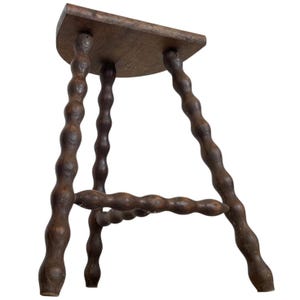 Vintage French Tripod Stool Chair Seat Wooden Milking Kitchen D Shaped Seat Braced Bobbin Leg Rest Stand Plinth Tabouret c1960-70&#39;s / EVE