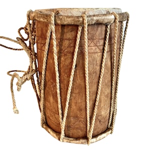 Vintage African Heavy Wood & Leather Drum Percussion Musical Instrument Rope Double Ended circa 1980-1990&#39;s / EVE of England