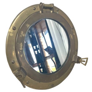 Vintage French Glass Brass Metal Reproduction Porthole Ships Boat Mirror Wall Hanging circa 1980-90&#39;s / EVE