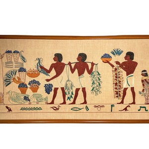 Vintage French Large Copy Of Egyptian Hieroglyphics Tapestry Framed Wall Hanging Decor Decorative Art c1970-1980&#39;s / EVE