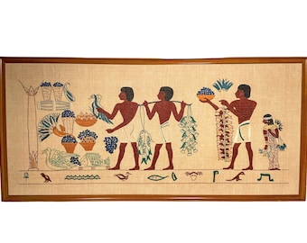 Vintage French Large Copy Of Egyptian Hieroglyphics Tapestry Framed Wall Hanging Decor Decorative Art c1970-1980's / EVE