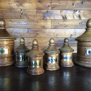 Vintage French wooden chicory rice cinnamon clover nutmeg thyme wood countertop storage jars pots circa 1950's / EVE of Europe