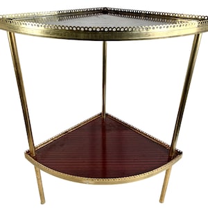 Vintage Corner Table French Wooden Wood Gold Metal Lattice Edged Veneer Side Table Plinth Stand Display Ornament Tabouret c1970's / EVE