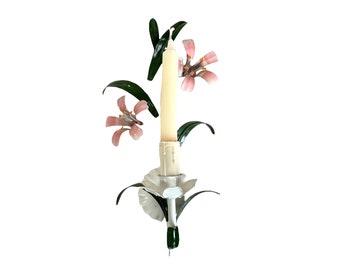Vintage French Tole Style Metal Flower Petal Bloom Shaped Wall Mounted Candle Candlestick Lamp Light Lighting Chic c1980-90&#39;s / EVE
