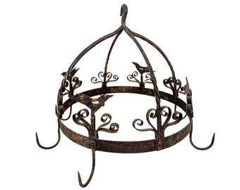 DAMAGED Vintage French Black Rusty Metal Ceiling Hanging Kitchen Rack Hooks Hanger Display Saucepan Tools  circa 1990's / EVE