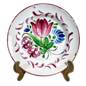 Vintage French Decorative Faience Plate Hand Made Painted Blue Red Green White Gold Flowers Ceramic Dish Display c1960-70&#39;s / EVE