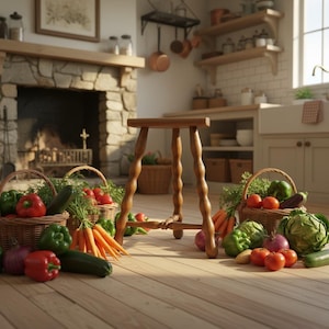 K&ouml;nnte beinhalten: Rustikale K&uuml;chenszene mit einem Holzschemel und K&ouml;rben mit frischem Gem&uuml;se. Rote Paprika, Tomaten, Karotten und Zucchini sind zu sehen. Die Szene umfasst einen Steinkamin und Holzb&ouml;den.