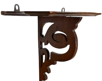 Antique French Small Wooden Wall Hanging Shelf Brown Wood Ornate Shelf Rack Mounted Display circa 1920's / EVE