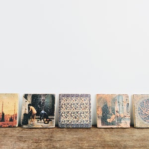 Vintage Turkish Small Printed Wall Tile Blue Mosque Turkish Bath Mixed Set Of Five Tiles Place Mats Placemats Worn c1970-80&#39;s / EVE Europe