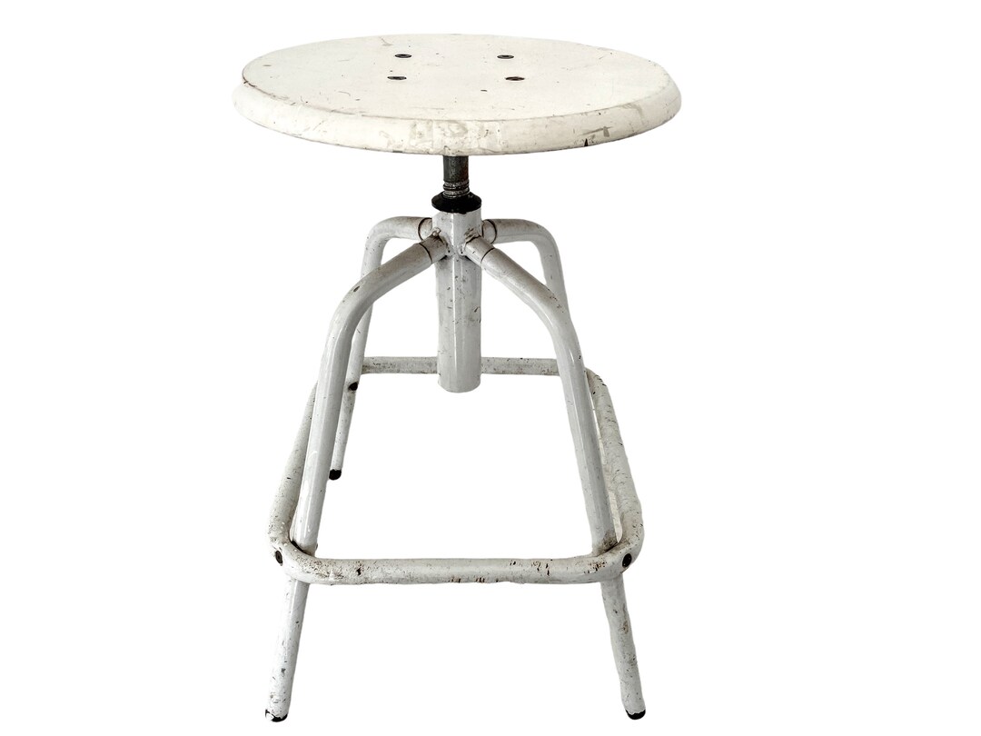 Vintage Stool French White Metal Wood Adjustable Work Chair