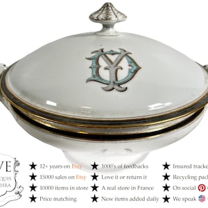Vintage French Onion Soup Stew Serving Tureen Traditional Large Ceramic Terrine Bowl Plate Dish Planter Pot DY YD circa 1910-20&#39;s / EVE