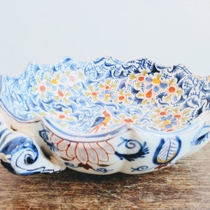 Antique French Ceramic Hand Painted Faience Decorative Bird Blue Fruit Bowl Dish Platter Display DAMAGED c1850&#39;s / EVE of Europe