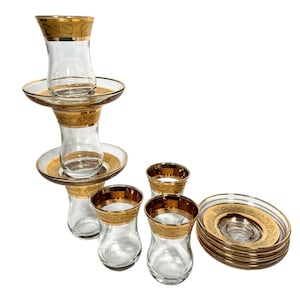 Vintage Turkish Tea Glasses Boxed Set Drinking Glass  Gold Clear Glass Drinks Ceremony Display Arabian Theme circa 1980&#39;s / EVE