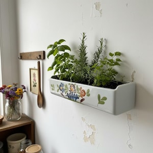 Vintage French Hand Painted Ceramic Rectangular Planter with a Floral Folk Art Motif Decor Display c1960's / EVE