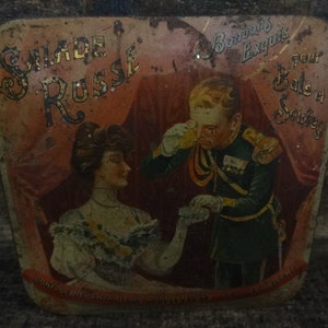 Antique French Salade Russe Bonbons Exquis Girard Sweet Candy Decorated Tin Canister circa 1900&#39;s / EVE