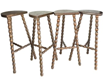 Vintage Tall Stool Braced Bobbin Leg French Kitchen Table Farm D Shaped Seat Plant Rest Stand Plinth Rustic Tabouret c1960-70&#39;s / EVE