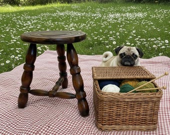 Vintage Stand French Stool Tripod Leg Bullseye Seat Wooden Small Table Plant Stand Plinth Tabouret c1960-70's / EVE