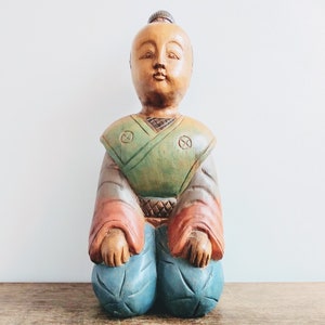 Vintage Chinese Wooden Kneeling Meditating Boy Child Luck Lucky Statue Art Carving Sculpture Ornament circa 1980-1990&#39;s / EVE of Europe