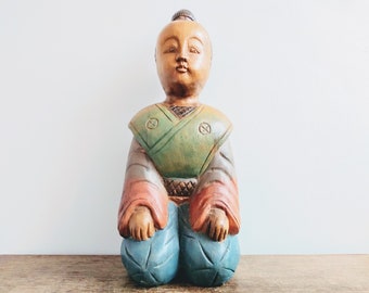 Vintage Chinese Wooden Kneeling Meditating Boy Child Luck Lucky Statue Art Carving Sculpture Ornament circa 1980-1990's / EVE of Europe