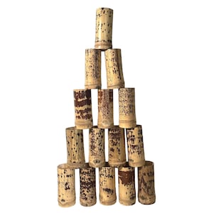 Può includere: Un set di 10 bicchieri da bere in bambù impilati a forma di piramide. I bicchieri sono di colore marrone naturale con macchie marroni scure.