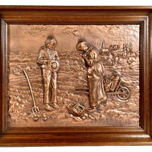 Vintage French The Angelus Jean-Francois Millet harvest farmer couple praying pressed copper image in frame circa 1960-70s / EVE