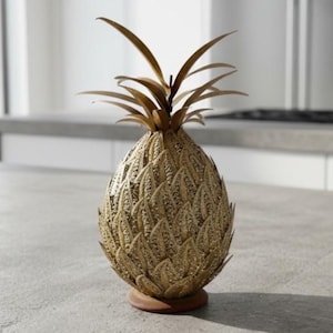 Vintage French Decorative Metal Pineapple Sculpture with Filigree Detailing on a Spray-Painted Metal Base c1990's / EVE