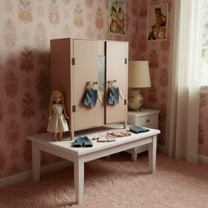 Vintage French Doll Wardrobe Home Made Toy Furniture Wooden Set Play Pretend Shop Display Pink Mirror circa 1960-70's / EVE of Europe