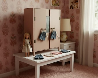 Armario de muñecas francés vintage, muebles de juguete caseros, juego de madera, tienda de juegos de simulación, exhibición, espejo rosa, circa 1960-70 / EVE of Europe