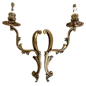 Vintage French Double Electric Lamp Wall Sconce Faux Candle Metal Light Lamps Sconces Lighting Tarnish Patina circa 1950-60&#39;s / EVE