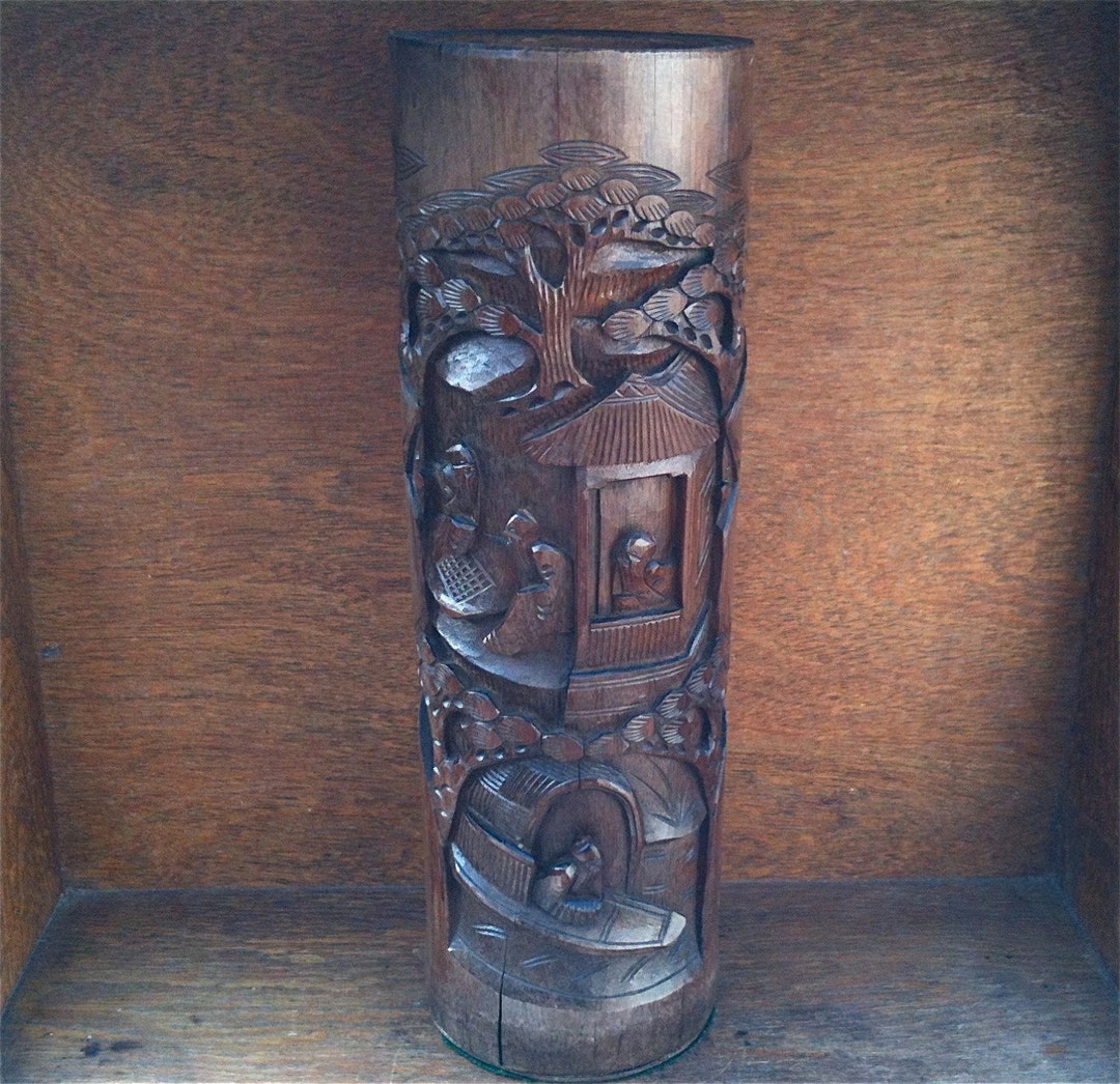 Antique Asian Bamboo Brush Holder Hand Carved Tall Large Etsy