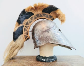 Vintage French Theatre Reproduction Greco-Roman Spartan Helmet Black Brown Crest Outfit Prop Re-enactment Display c1970-80's / EVE of Europe