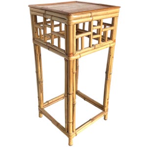 Vintage French Cane Bamboo Display Plinth Stand Wooden Wood Square Small Table Plant Rest Tabouret c1970-80&#39;s / EVE