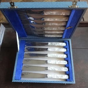 Vintage English Sheffield Stainless Steel 6 Six Knife Fork in Box Cutlery Flatware Silverware Boxed Set circa 1950-60&#39;s / EVE of Europe