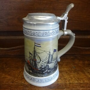 Vintage French ceramic metal lidded beer ale stein tankard French warships galleons circa 1990s / EVE