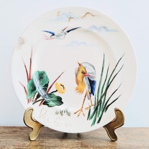 Antique French Val Gabri Painted White Bird Flower Decorated Dinner Plate Ceramic With Damage circa 1910's / EVE of Europe