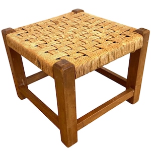 Vintage French Woven Raffia Topped Square Shaped Tripod Stool Chair Seat Wooden Seat Braced Leg Rest Stand Plinth Tabouret c1970&#39;s / EVE