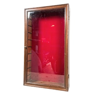 Vintage French Wooden Glass Fronted Fabric Backed Shelf Display Cabinet Vertical Curio Curiosity Wall Mounted circa 1970s / EVE