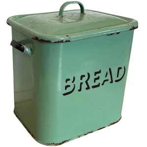 Vintage English Enamel Metal Large Green Bread Bin Kitchen Storage Kitchenalia Prop Decor circa 1940-50&#39;s / EVE
