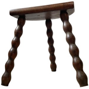 Vintage French Tripod Stool Chair Seat Varnished Wood Milking D Shaped Seat Bobbin Leg Rest Stand Plinth Tabouret Farmhouse c1960-70&#39;s / EVE