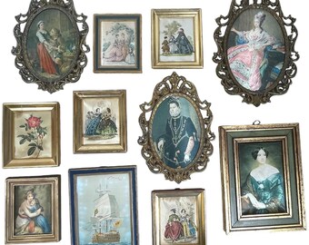 Vintage French Small Framed Print Collection Of Eleven Reproduction Artworks Pictures Wooden Wood Gold Framed c1960-70's / EVE