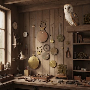 May include: A vintage workshop scene with clocks, tools, and an owl figurine. The wooden walls display various clock components and tools. A workbench is filled with tools, and a shelf holds books and more tools. The owl is perched on a shelf.
