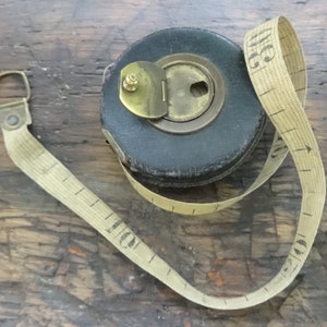 Vintage French leather cased 10 Metre roll-up roller architects cotton cased tape measure ruler ten scale circa 1940-50&#39;s / EVE of Europe