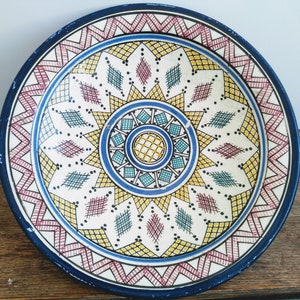 Vintage Moroccan large white green blue yellow red pottery stoneware plate dish wall hanging display circa 1960-70&#39;sEVE of Europe