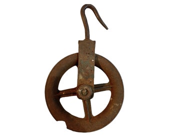 Vintage French Well Farm Barn Industrial Rope Pulley Wheel Iron Metal Large circa 1930-50's / EVE