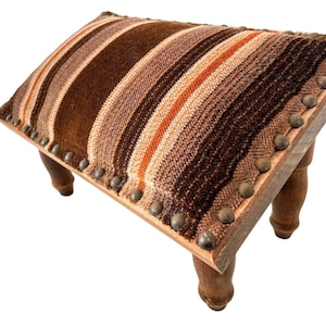 Vintage French Stool Cushioned Small Wooden Wood Foot Rest Cushion Prop Design Traditional Patterned Fabric Tabouret 1960-70&#39;s / EVE