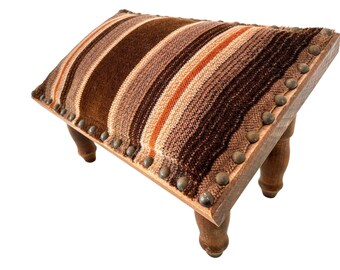 Vintage French Stool Cushioned Small Wooden Wood Foot Rest Cushion Prop Design Traditional Patterned Fabric Tabouret 1960-70's / EVE