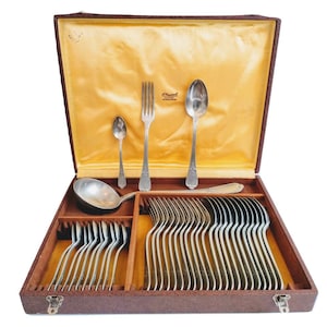 Vintage French J Mapport Bijoutier Boxed Nickel Silver 36 Piece 12 Place Cutlery Fork Spoon Ladle Set in Box circa 1950-60&#39;s / EVE