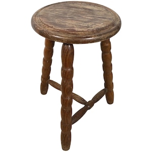Stool Vintage French Braced Bobbin Leg Style Milking Chair Seat Table Farm Circular Seat Plant Rest Stand Plinth Tabouret c1960-70&#39;s / EVE