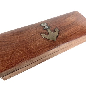 Vintage French Small Wooden Inlaid Anchor Decorative Pencil Pen Jewellery Trinket Box Storage Display Gift Wood c1990&#39;s / EVE